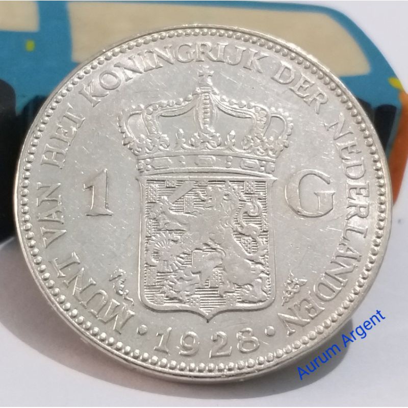 SWILH1G-18.. 1 PC KOIN PERAK KUNO ASLI 1 GULDEN WILHELMINA TH 1928.  -- SILVER COIN --