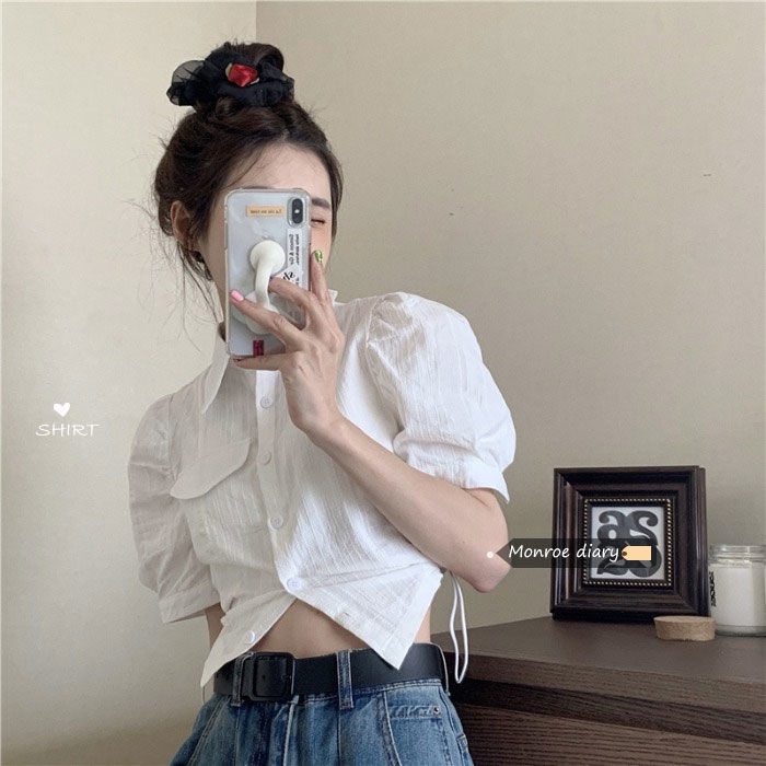 blus korea kemeja lengan engah putih kemeja perancis wanita lengan pendek cropped chic top