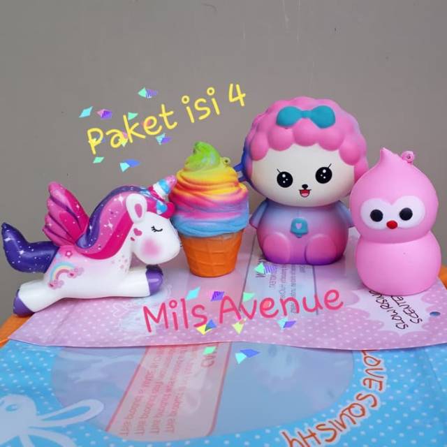Squishy paket 4 Sheep Owl unicorn galaxy ice cream donut deer cat kitty princess panda