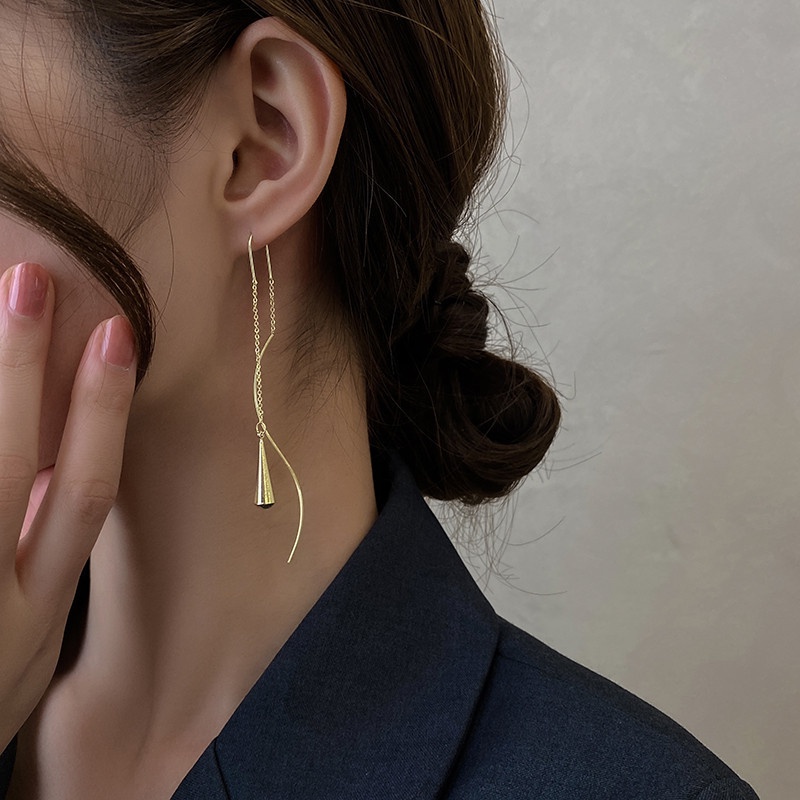 Anting Gantung Panjang Kait Motif Tetes Air Aksen Rumbai Untuk Perhiasan Wanita 2021