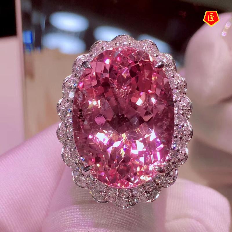 [Ready Stock]Oval Natural Pink Morganite Open Ring Pink Diamond Necklace