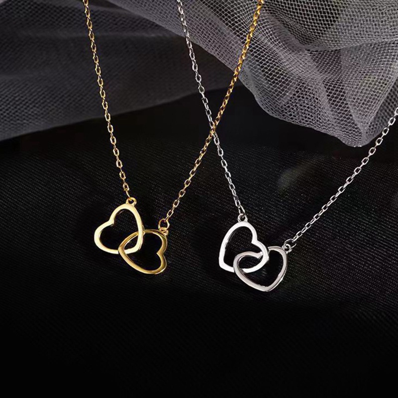 Kalung Choker Rantai Klavikula Desain Hati Ganda Warna Silver Untuk Wanita