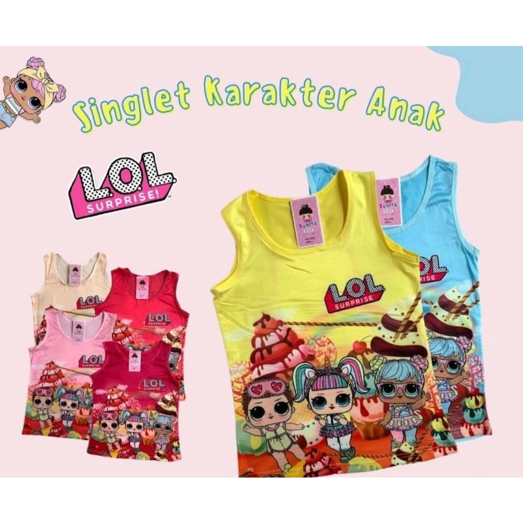 HARGA GROSIR.... 12 PCS/1 LUSIN  SINGLET/TANK TOP ANAK KARAKTER 3D MOTIF RANDOM LOL KUDAPONY HELOKITY