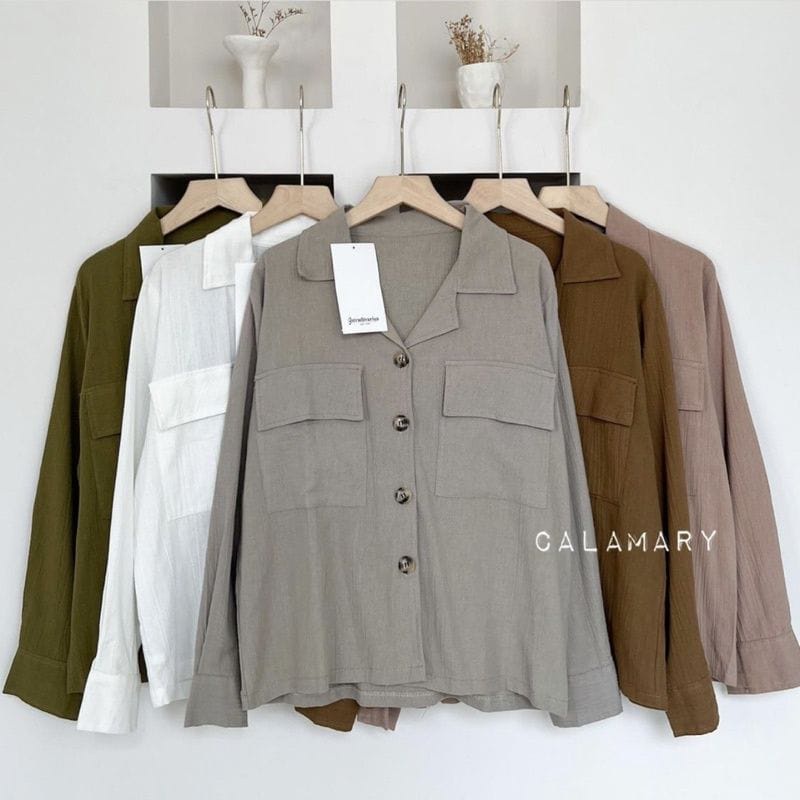 COZIE Jaket Wanita Korean Style Linen Crinkle Premium Oversize Saku Depan - Atasan Wanita Jaket Oversize Crop Outer