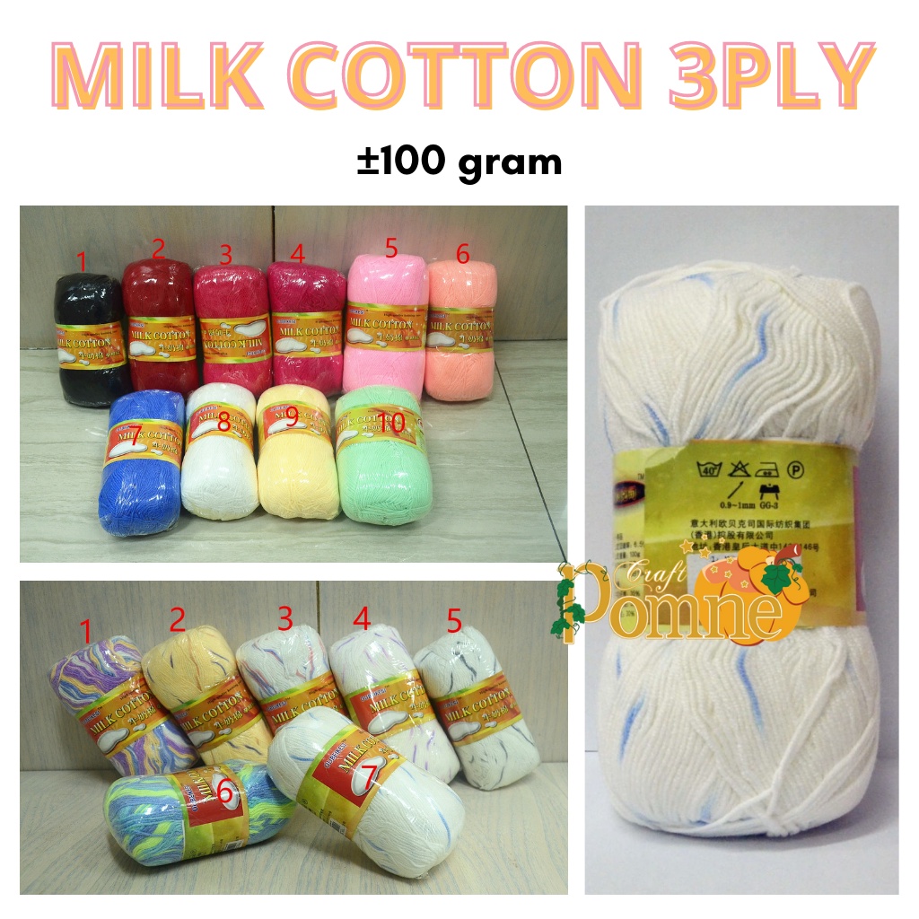 NEW!! Benang Rajut Milk Cotton 3ply 50GR &amp; 100GR | Katun Susu kecil import sembur polos