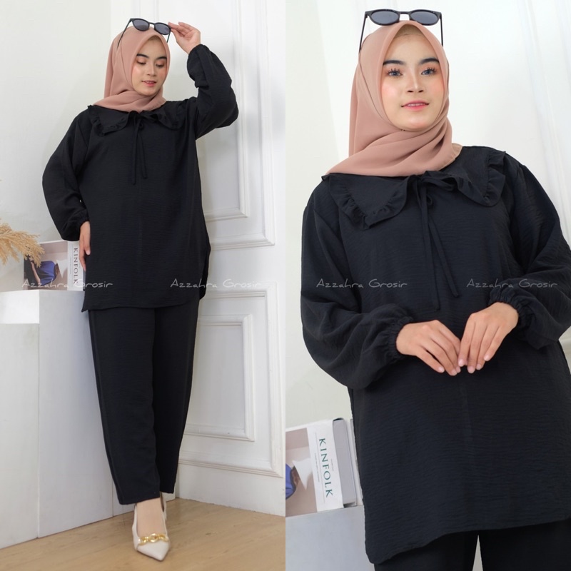 Azzahra Yuki Set Ld112 - SetCel Crinkle Jumbo Bigsize Oversize Kerah Pita tali One Set Setelan Wanita / 358-6889