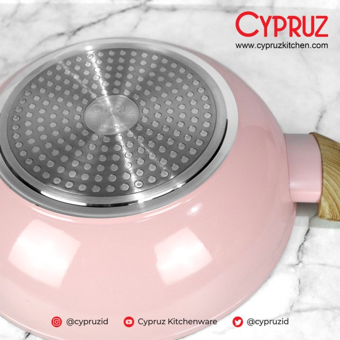 Kuali Anti Lengket + Tutup Cypruz Pink Ceramic Wok Pan