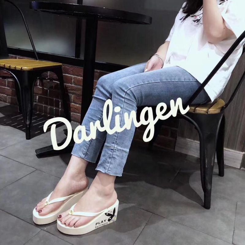 Darlingen Rabbit Play Sandal Wanita Wedges Import Terbaru Korea Jepit Tinggi 7cm