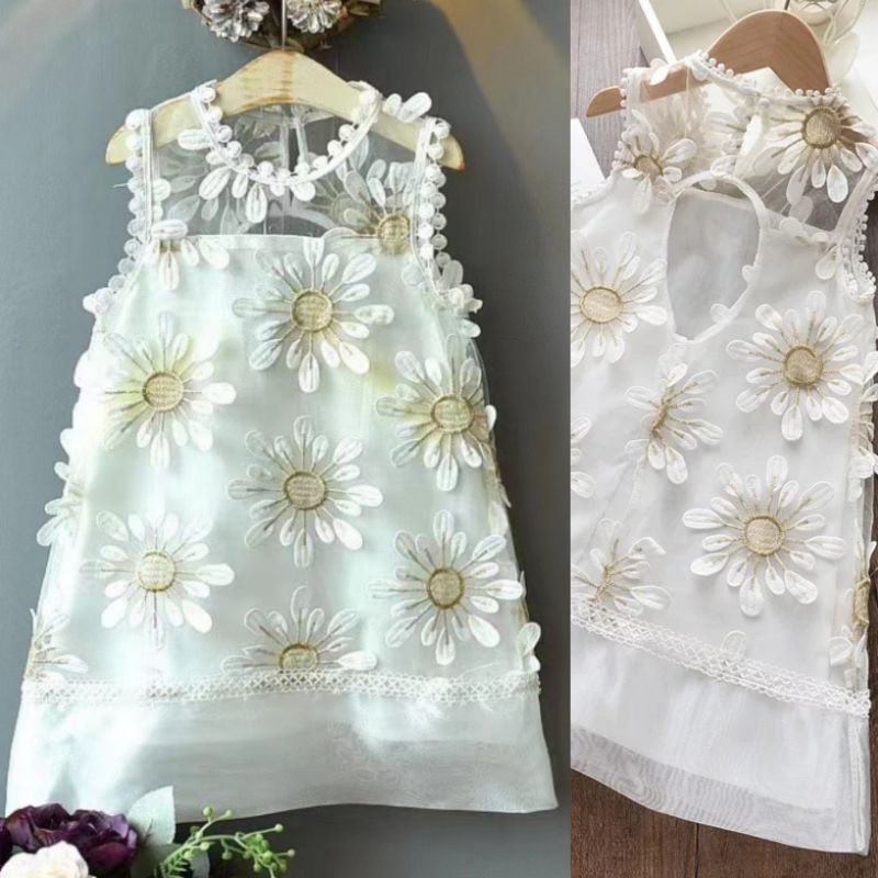 dress putih anak bunga 3D impor 1th - 4th gaun pesta bordir renda bunga matahari import