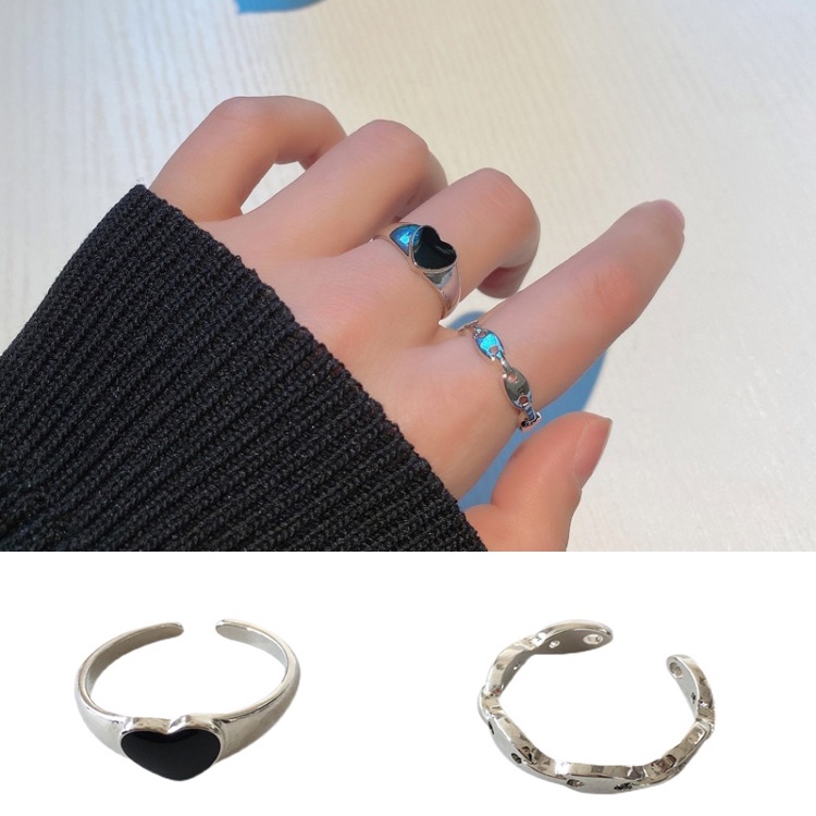 2pcs Cincin hitam cincin wanita fashion cincin perak cincin pria