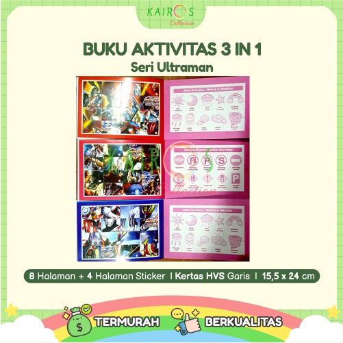 Buku Aktivitas Mewarna Sticker (3 in 1) Buku Gambar Anak Seri Ultraman