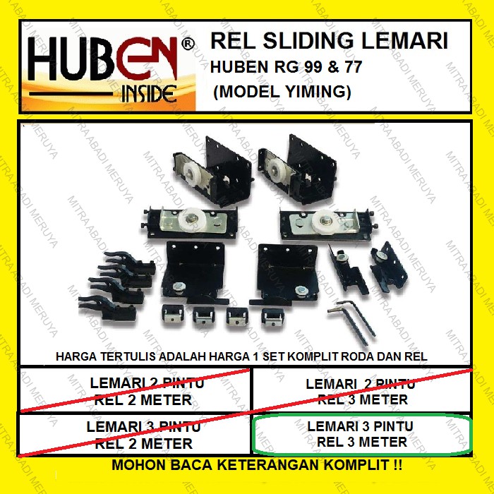 Huben RG99 RG77 3 Pintu 3 Meter Rel sliding Lemari Rel Yiming Geser Lemari Set Roda Gantung Furnitur