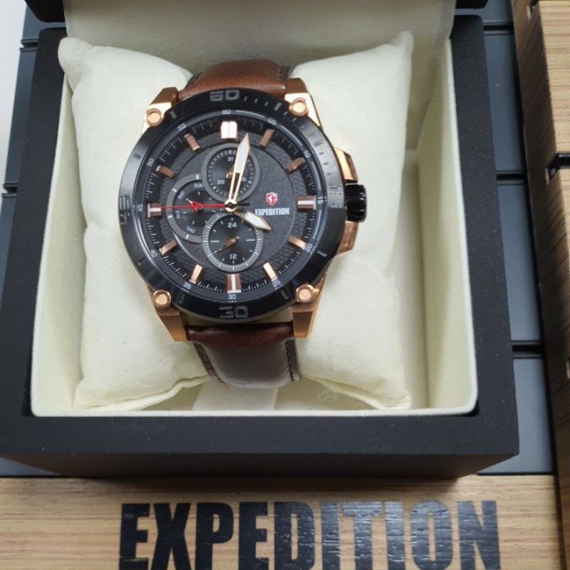 Jam Tangan Pria Expedition E 6783 M E6783M E6783 M E 6783M Black Rose Gold Leather