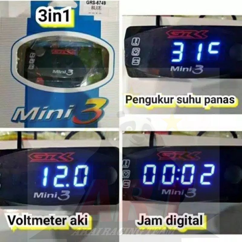 Volt Meter 3in1 Pengukur Suhu Jam Digital Amper Aki Universal Semua Motor