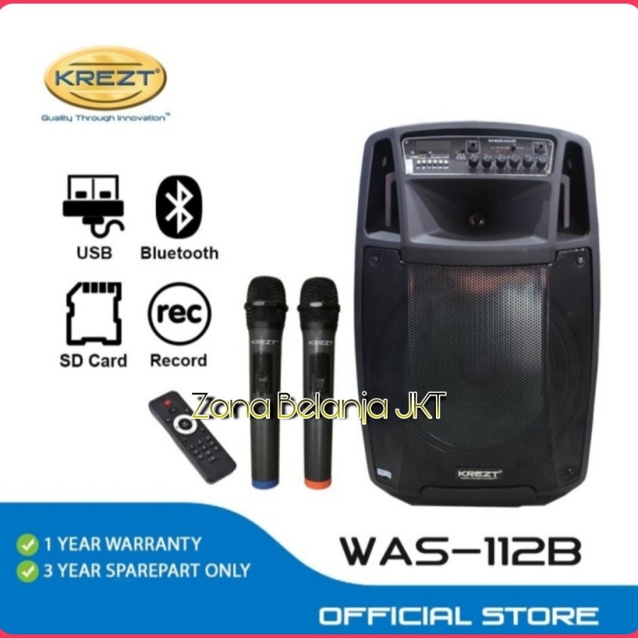 Portable Wireless Speaker Aktif 12 Inch KREZT WAS 112B ( 2 Mic ) Original