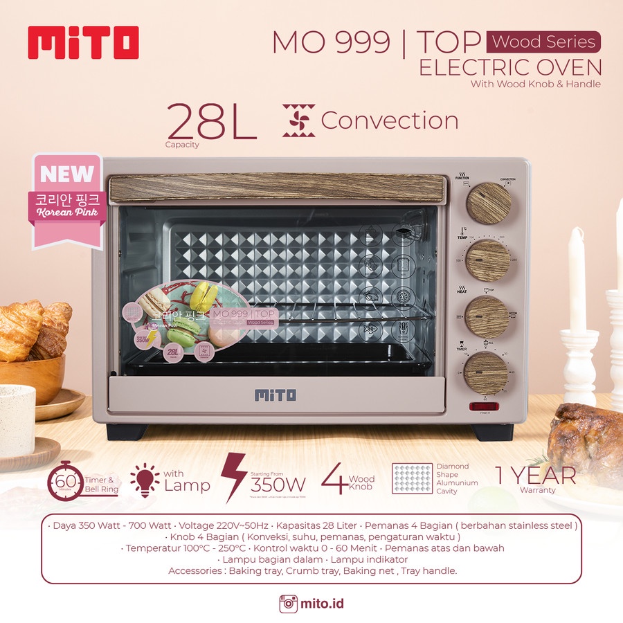 MITO Electric Oven MO999 TOP WOOD SERIES 28L - Pink &amp; Putih MO 999 Wood Series