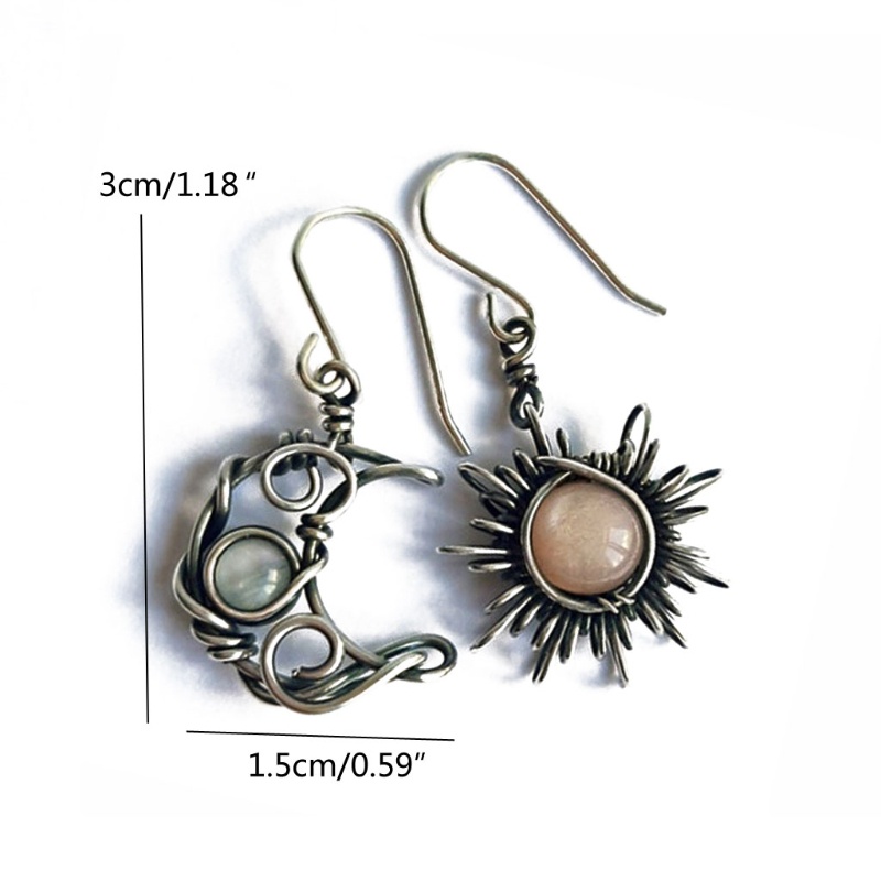 SIY  Antiqued Silver Sun and Moon Hook Earrings Bohemia Celestial Moonstone Dangle Drop Earrings Women Boho Fashion Jewelry