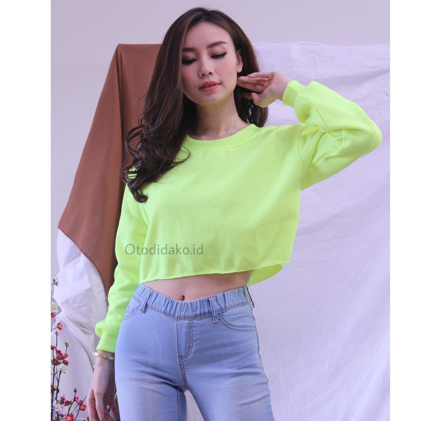 [BAYAR DITEMPAT] BASIC SWEATER CROP ALLSIZE & BIG SIZE-HIJAU NEON