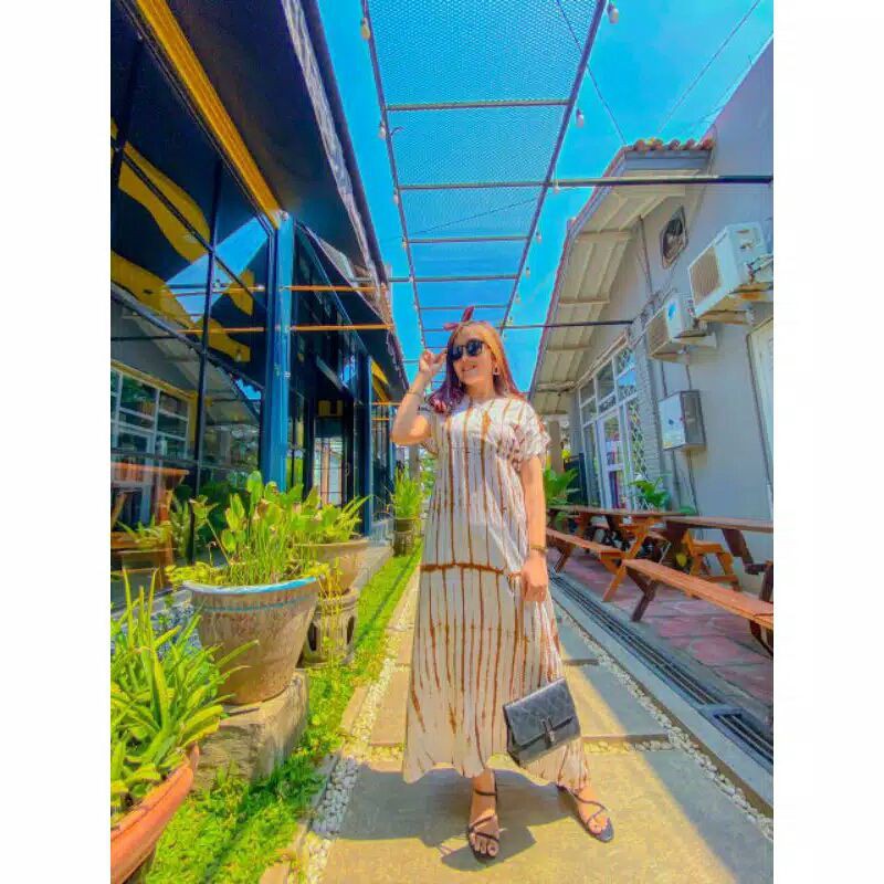 Daster panjang galaran kancing depan busui tali samping motif viral tiedye shibori-Galaran Coklat