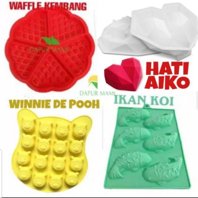 DAPURMAMI Cetakan silikon waffle kembang love hati winnie de pooh ikan koi agar jelly coklat puding