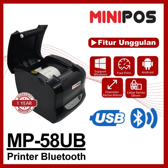 Printer Kasir MINIPOS MP-58UB, USB+Bluetooth, Head Thermal Awet