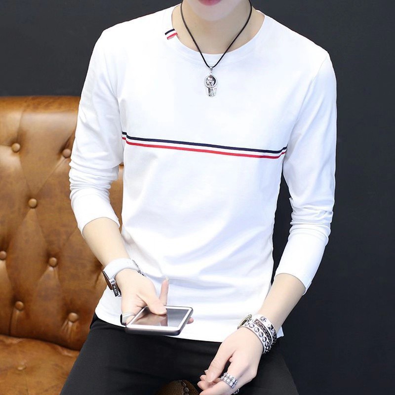 [ BISA COD ] Kaos Leher V Neck Pria Korea Lengan Panjang Polos Dada Garis HITAM PUTIH MERAH