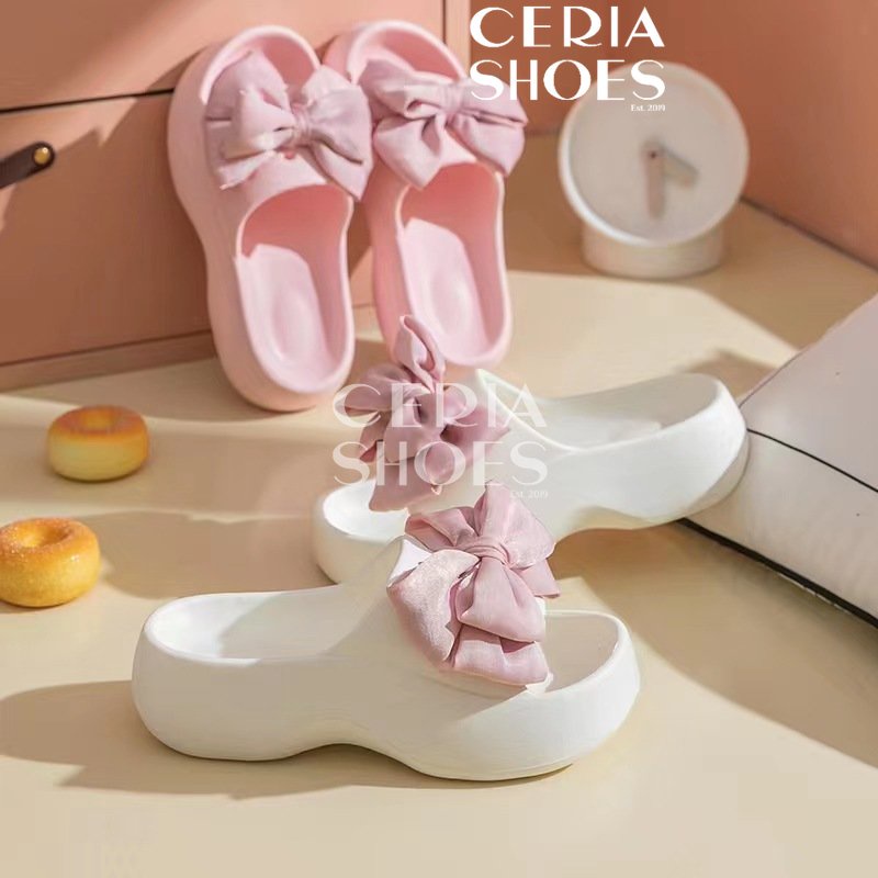 EVA Sandal Slop Platform Wanita Bangkok Bahan Spons Ringan Lentur Tinggi 5 Cm Motif Pita Ribbon Jibbitz Sol Rubber Import Anti Slip PITA