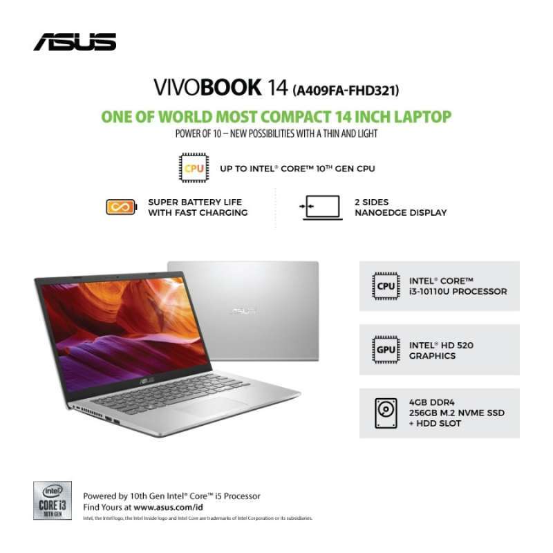 ASUS A409FA-FHD321 SILVER CORE i3 10110 4GB 256SSD 14"