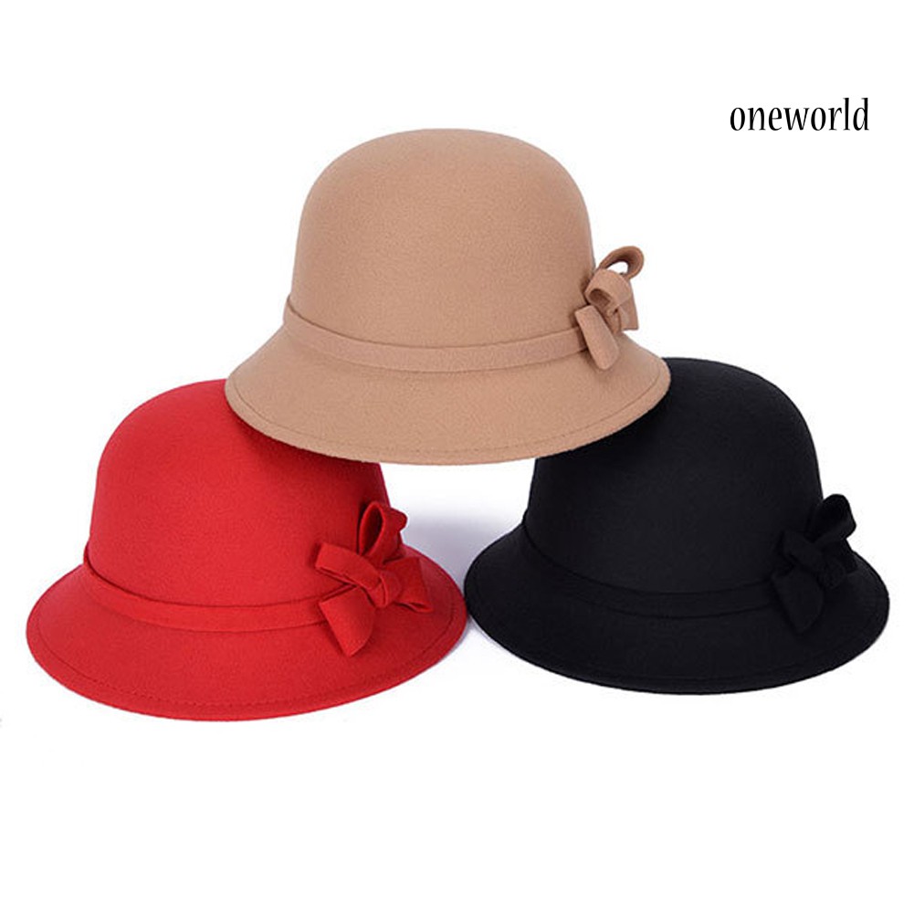 Oneworld Topi Bucket Wanita Bahan Wol Imitasi Aksen Pita Warna Polos Gaya Vintage Untuk Musim Gugur