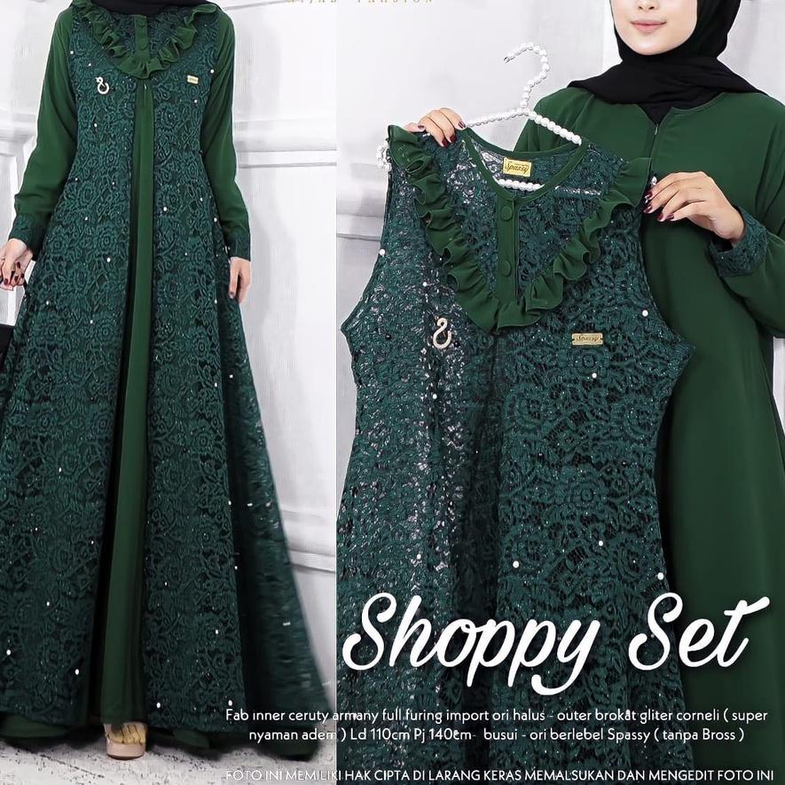 UNIK  Shoppy Set 2 in 1 Gamis + Outher Busui Friendly Bahan Ceruty Full Furing mix Brukat IMPORT
