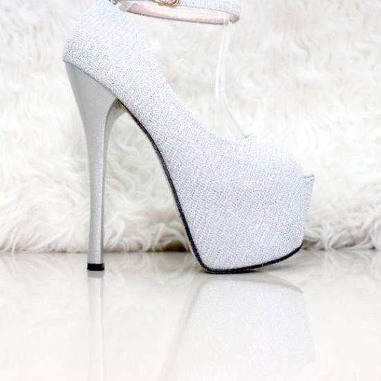 HUC Yksale 444 sepatu wanita hak tinggi heels 17cm shoes peep toes silver grey bartier cuci gudang l