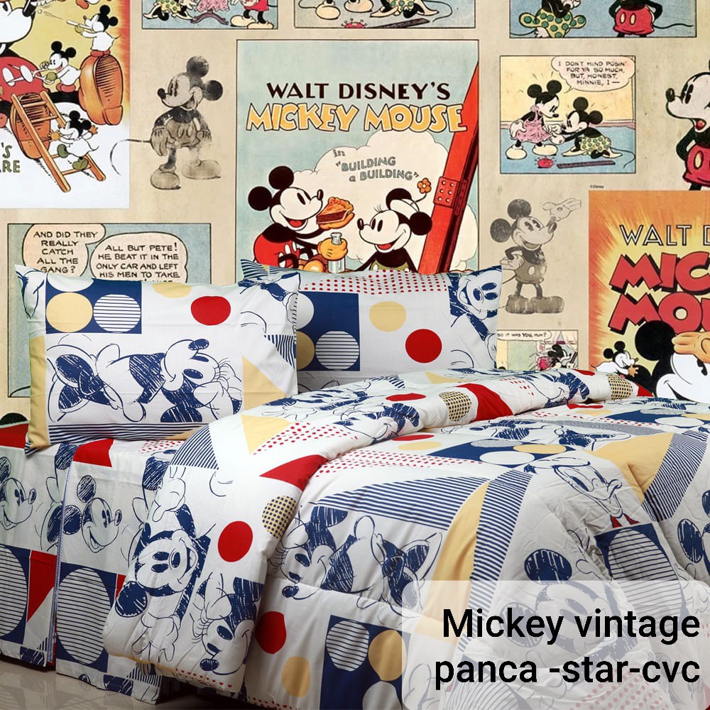 SPREI STAR * BISA CUSTOM UKURAN * MICKEY VINTAGE MICKEY MOUSE PUTIH BIRU MERAH  katUN PANCA CVC