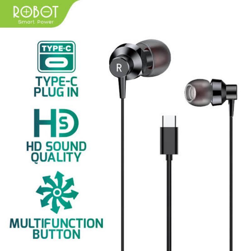 (Vroff Store) Headset Earphone Robot RE240C RE-240C Tipe C Original Produk by Robot  (Khusus Handphone Tanpa Jack / Lubang Audio)