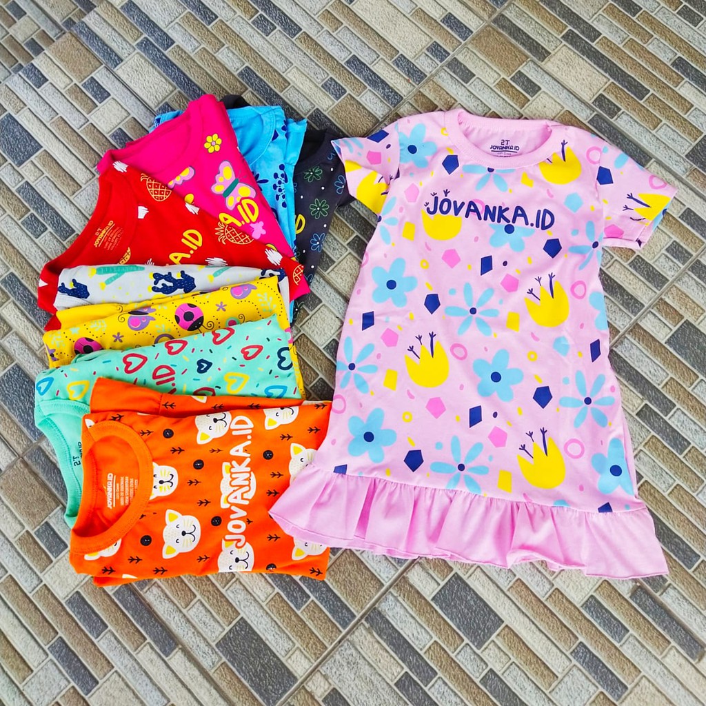 DRESS ANAK PEREMPUAN MOTIF PATTERN FREE TOPI BUCKET USIA 2-10 TAHUN