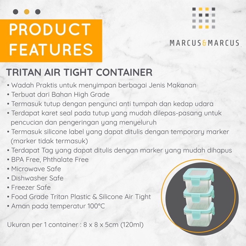 MARCUS &amp; MARCUS TRITAN AIR TIGHT CONTAINER 3PCS X 120ml  - peralatan makan bayi | kontainer makanan bayi