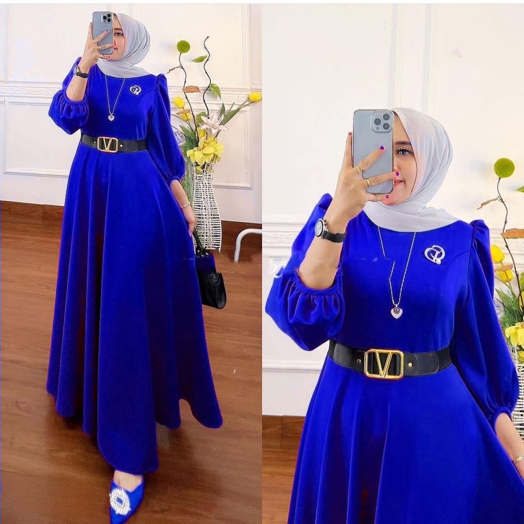 HOPYLOVY Gamis Wanita Maxi Dress Safira Bahan Scuba Premium FREE Belt V