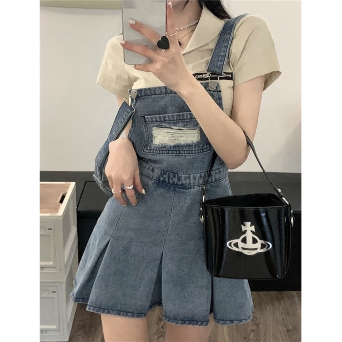 Mini Dress denim suspender rok wanita gaun kecil pinggang musim panas A-line rok desain rok lipit