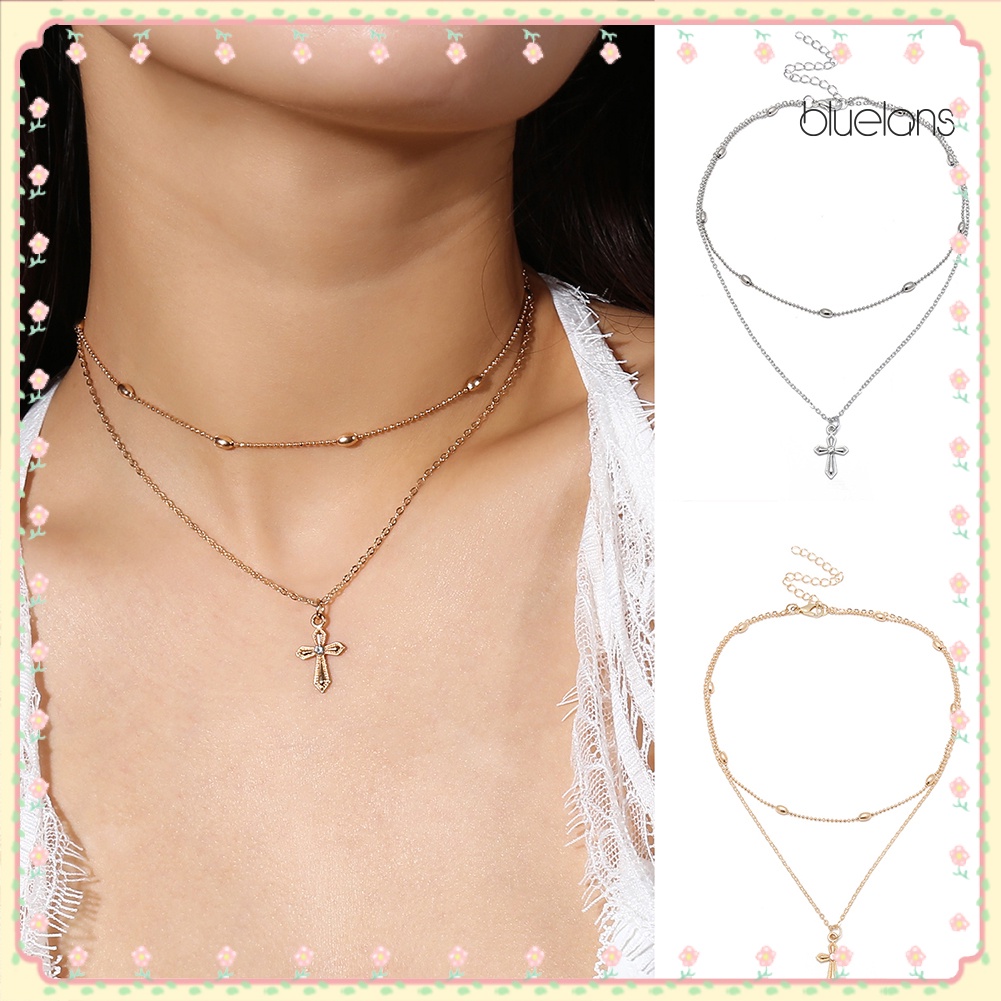 Bluelans Kalung Choker Double Layer Dengan Liontin Salib Untuk Wanita