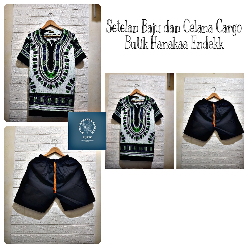 Setelan Baju dan Celana Cargo Etnik Dashiki Putih Lama Pria/Wanita (Unisex)