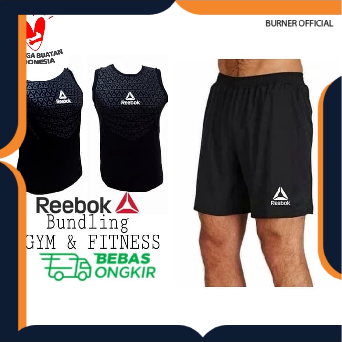 Stelan SINGLET BODY REEBOK (+) CELANA PENDEK SPORT baju olahraga training gym fitnes pria kaos