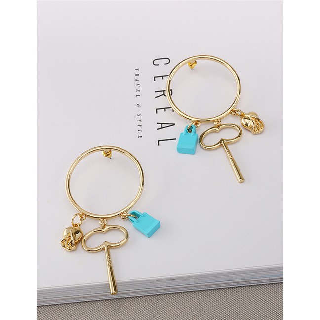 LRC Anting Tusuk Fashion Gold Circle Metal Paint Small Lock Earrings F69827