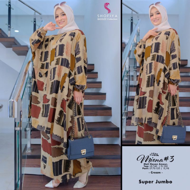 SET BAJU MUSLIM WANITA JUMBO TUNIK + KULOT RAYON AMOUR MOTIF KOTAK-KOTAK MIONA #3 BY SHOFIYA