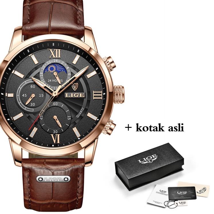 ☮ LIGE 2022 terbaru original jam tangan pria tali kulit anti air olahraga kronograf jam tangan + kotak KL523