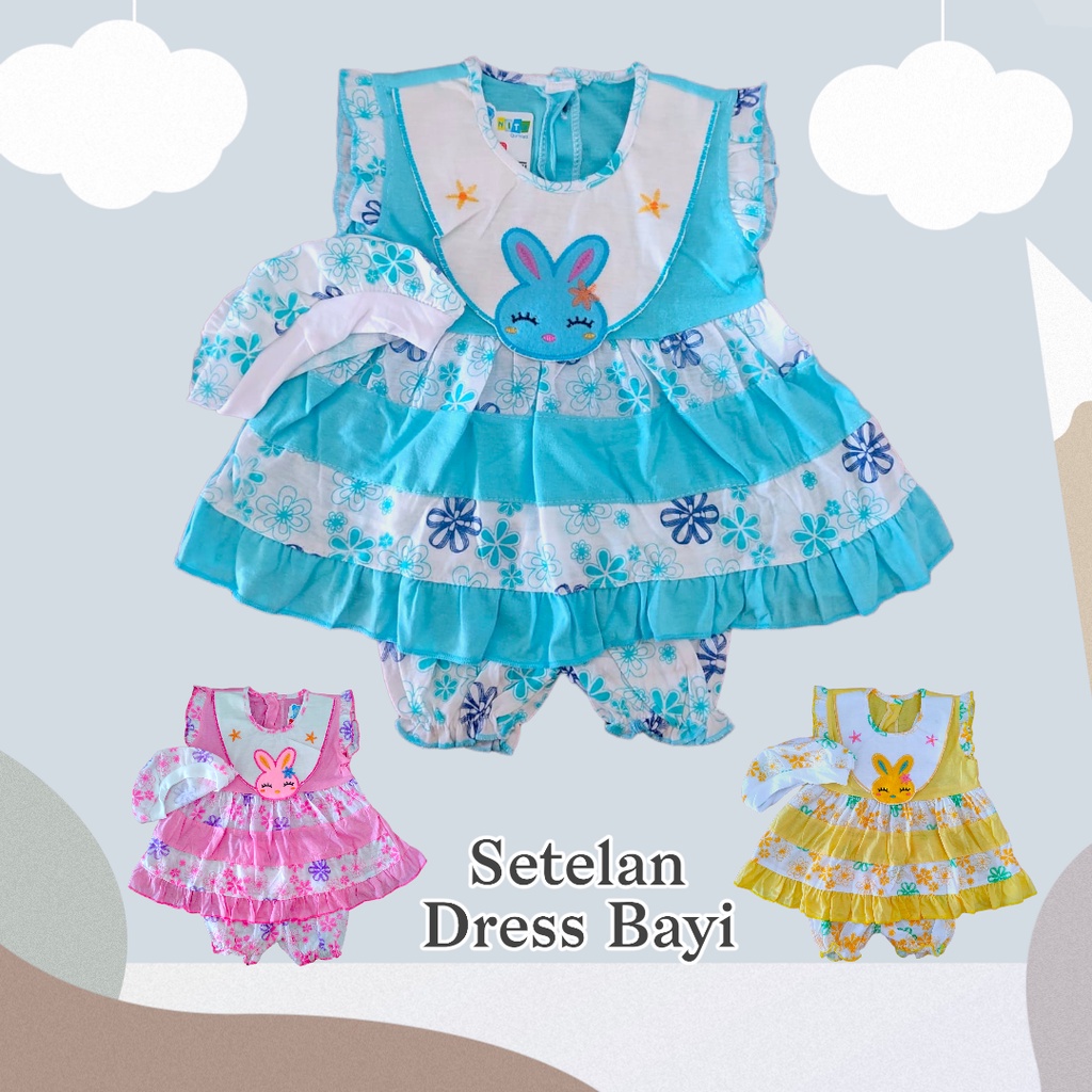 Setelan Baju Bayi Perempuan (0-9 BULAN) FREE TOPI Dress Baju Bayi Perempuan NEWBORN Setelan Dress dan Celana Bayi KELINCI