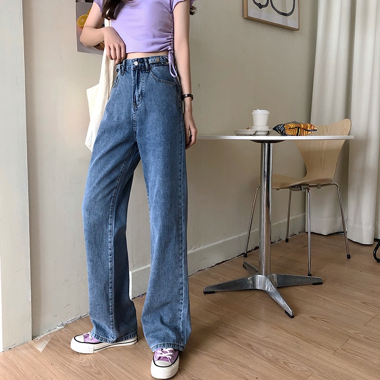 Celana jeans wanita loose high waist straight denim pants