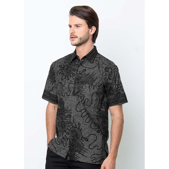 Batik Pria Lengan Pendek BATIK BERKAH HRB026 motif KERATONAN Kode 002 size M L XL-Sotong abu