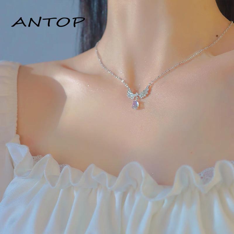 Kalung  Silver 17KM Kalung Rantai Desain Sayap Malaikat Bahan Kristal Berlian Alloy Untuk Wanita