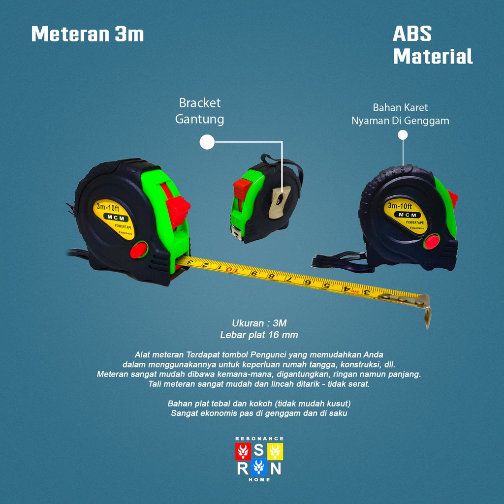 Meteran 3M Tukang Bangunan Roll 3 Meter Resonance Home