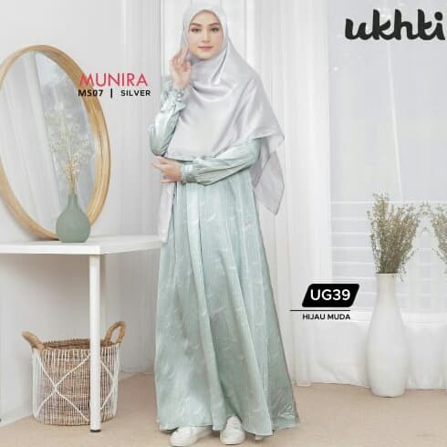 PREMIUM GAMIS UKHTI UG39 HIJAU MUDA SATIN SILKY ARMANI MOTIF BAJU PESTA SYAR'I - HIJAU MUDA, S