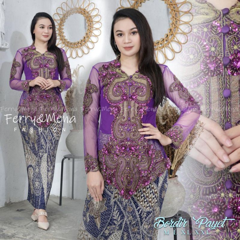 SETELAN KEBAYA PESTA MEWAH PAYET BORDIR CORNELLY TANGAN PANJANG +ROK PANJANG SIZE M L XL XXL